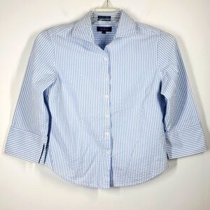 Vintage Faconnable Cotton Blue White Striped Button Down Blouse M